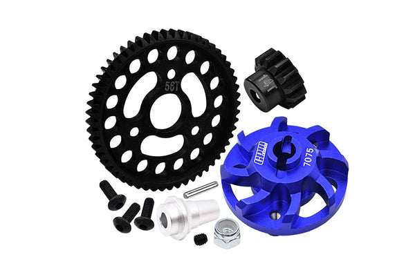 Aluminum 7075 Alloy Spur Gear Adapter With Steel 32 Pitch 56T Spur Gear & 14T Motor Gear For Traxxas 1/10 SLASH 4X4 LCG-68086-21 Upgrades - Blue