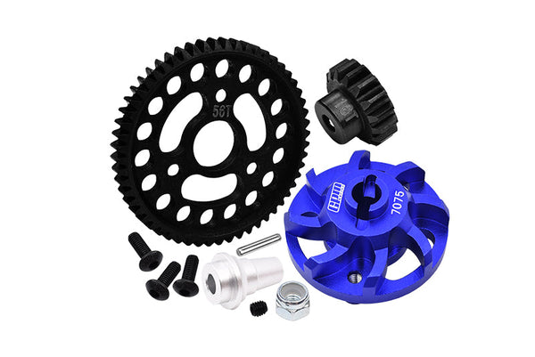 Aluminum 7075 Alloy Spur Gear Adapter With Steel 32 Pitch 56T Spur Gear & 16T Motor Gear For Traxxas 1/10 SLASH 4X4 LCG-68086-21 Upgrades - Blue