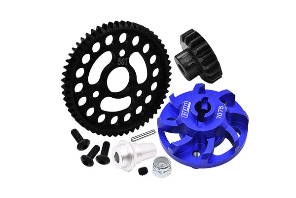 Aluminum 7075 Alloy Spur Gear Adapter With Steel 32 Pitch 56T Spur Gear & 18T Motor Gear For Traxxas 1/10 SLASH 4X4 LCG-68086-21 Upgrades - Blue