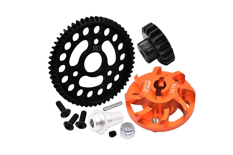 Aluminum 7075 Alloy Spur Gear Adapter With Steel 32 Pitch 56T Spur Gear & 18T Motor Gear For Traxxas 1/10 SLASH 4X4 LCG-68086-21 Upgrades - Orange