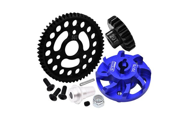 Aluminum 7075 Alloy Spur Gear Adapter With Steel 32 Pitch 56T Spur Gear & 20T Motor Gear  For Traxxas 1/10 SLASH 4X4 LCG-68086-21 Upgrades - Blue