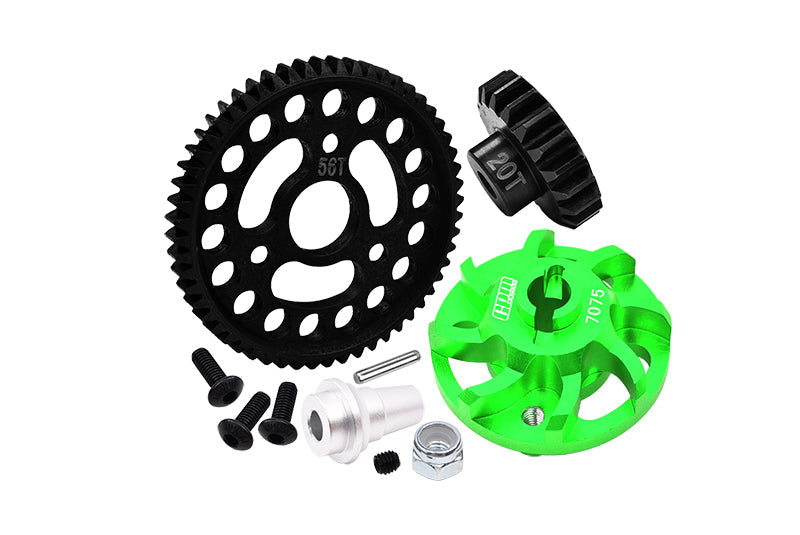 Aluminum 7075 Alloy Spur Gear Adapter With Steel 32 Pitch 56T Spur Gear & 20T Motor Gear  For Traxxas 1/10 SLASH 4X4 LCG-68086-21 Upgrades - Green