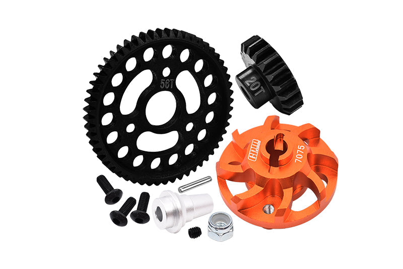 Aluminum 7075 Alloy Spur Gear Adapter With Steel 32 Pitch 56T Spur Gear & 20T Motor Gear  For Traxxas 1/10 SLASH 4X4 LCG-68086-21 Upgrades - Orange