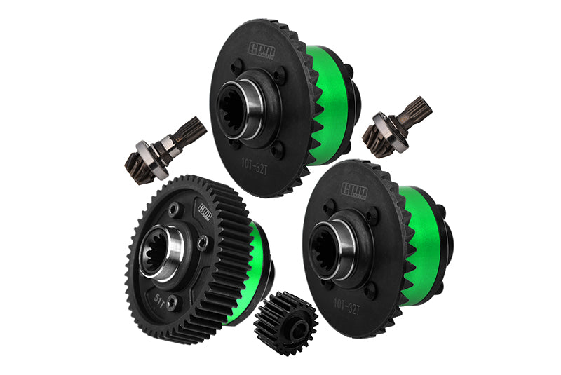 4140 Medium Carbon Steel + Aluminum 7075 Alloy Front & Center & Rear Complete Differential For Traxxas 1:5 X Maxx 6S 8S / XRT 8S / X Maxx Ultimate 8S / XRT Ultimate 8S Monster Truck Upgrades - Green