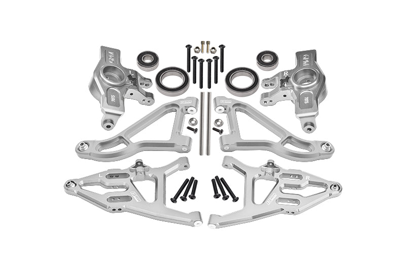 Aluminum 7075 Alloy Front Knuckle Arms (Larger Inner Bearings) + 6061 Alloy Front Upper & Lower Suspension Arms For Traxxas 1:7 Unlimited Desert Racer UDR 4X4 85076-4 UDR 6S 85086-4 Upgrades - Silver