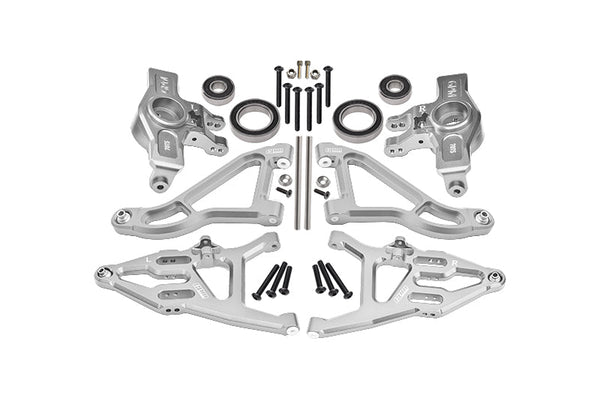 Aluminum 7075 Alloy Front Knuckle Arms (Larger Inner Bearings) + 6061 Alloy Front Upper & Lower Suspension Arms For Traxxas 1:7 Unlimited Desert Racer UDR 4X4 85076-4 UDR 6S 85086-4 Upgrades - Silver