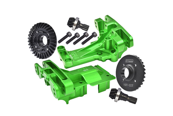 Aluminum 7075-T6 Front and Rear Upper Bulkhead + Medium Carbon Steel 32/10T Front and Rear Differential Gear Set for 1:5 Traxxas X Maxx 8S 77086-4 / XRT 8S 78086-4 Monster Truck Upgrades - Green