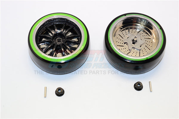 Delrin Drift Tires Of 26mm Width Mount With 6 Spokes Plastic Wheels - 1Pr Set Black+Green