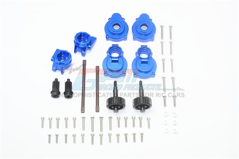 Traxxas TRX-4 Aluminum Rear Gear Box Mounts + Knuckle Arms + Spindle Gear + Rear Axle Shaft - 54Pc Set Blue