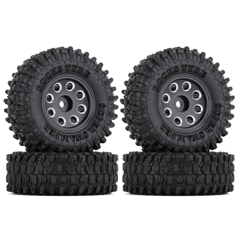 1.0" Beadlock Micro Crawler Alloy Wheel Rims Tires Set (8-Holes) for 1/24 RC Crawler Car Axial SCX24 90081 AXI00001 Deadbolt - 4Pc Black